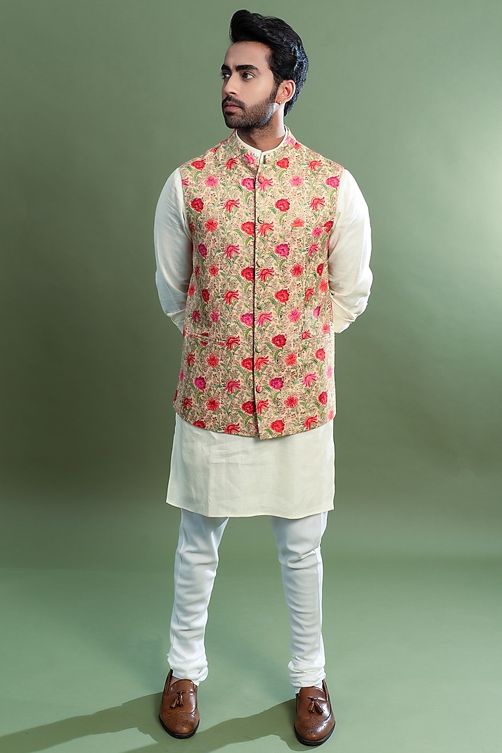 Beige Floral Printed Bundi Jacket by Taroob Men
