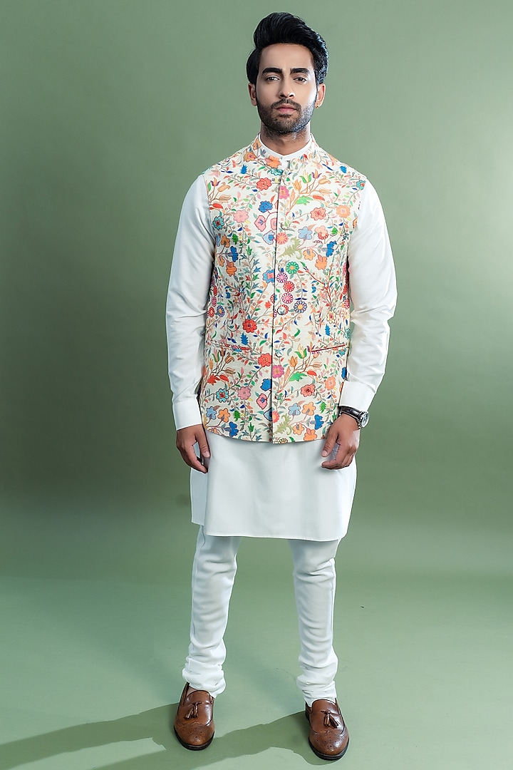 White Floral Printed Bundi Jacket by Taroob Men