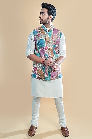 White Printed Bundi Jacket by Taroob Men