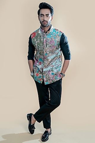 Sky Blue Embroidered Bundi Jacket by Taroob Men