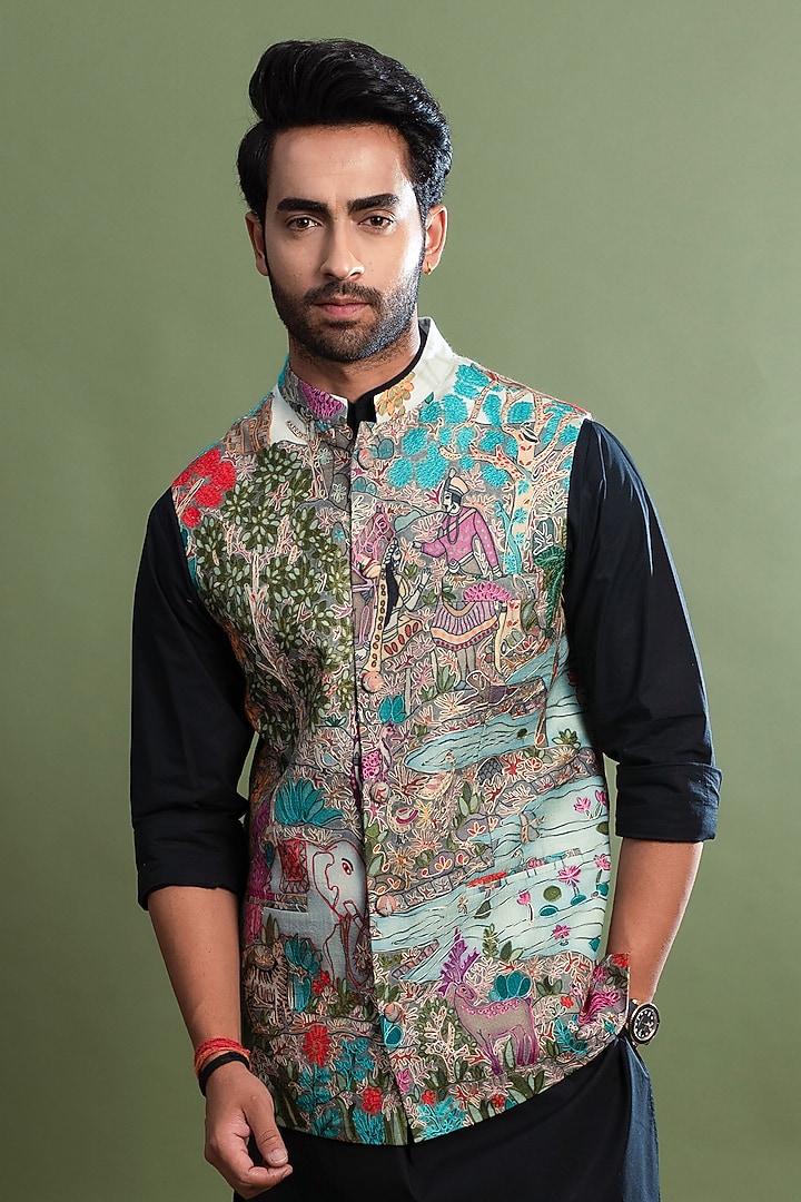 Sky Blue Embroidered Bundi Jacket by Taroob Men at Pernia's Pop Up Shop