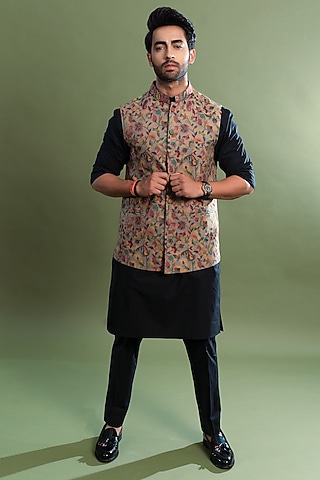 Beige Printed Bundi Jacket by Taroob Men
