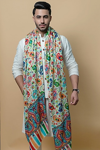 White Kalamkari Printed Shawl by Taroob Men