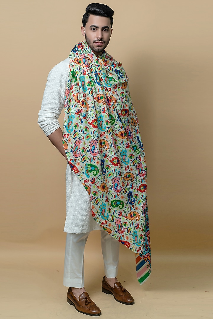 White Kalamkari Printed Shawl by Taroob Men at Pernia's Pop Up Shop