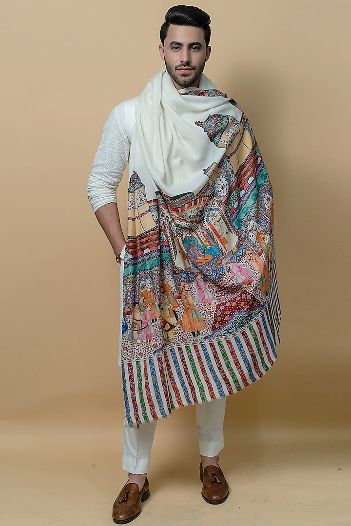 White Pashmina Wool Printed Shawl by Taroob Men