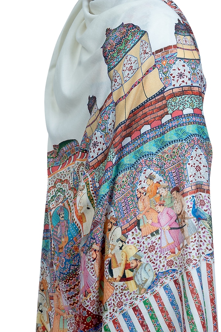 White Pashmina Wool Printed Shawl by Taroob Men at Pernia's Pop Up Shop