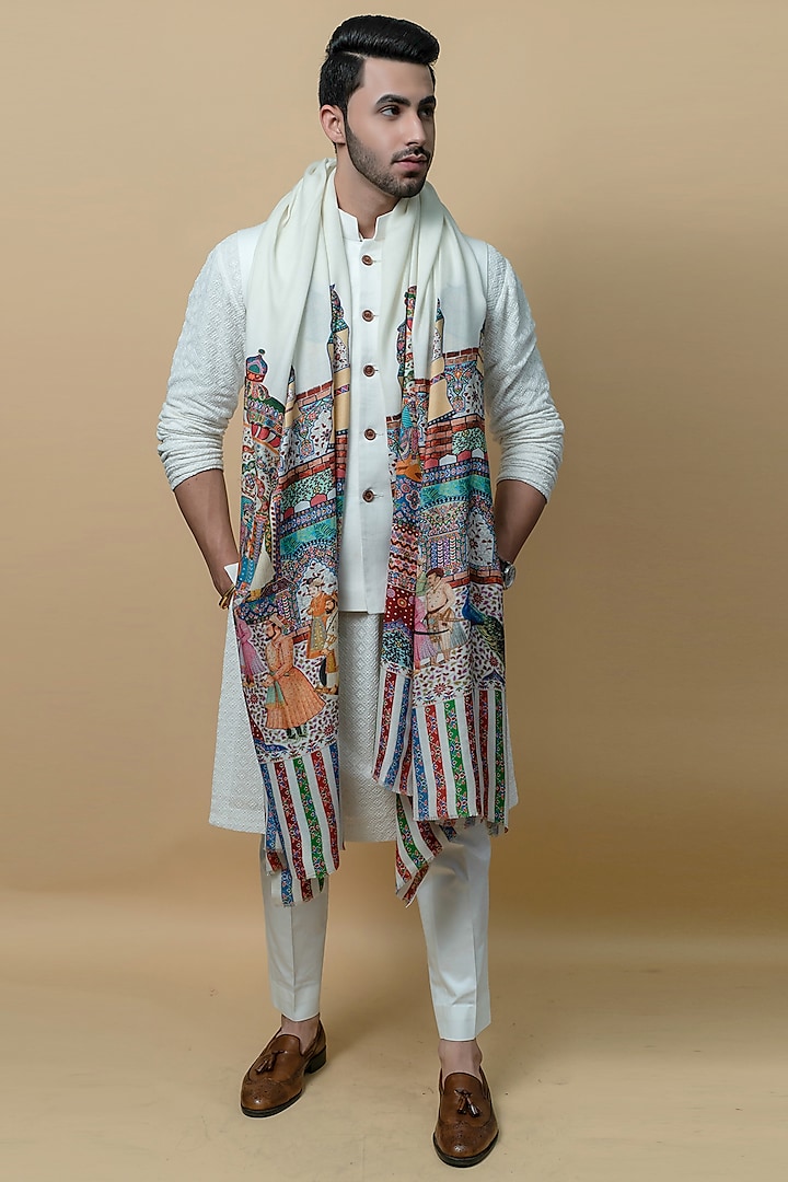White Pashmina Wool Printed Shawl by Taroob Men at Pernia's Pop Up Shop