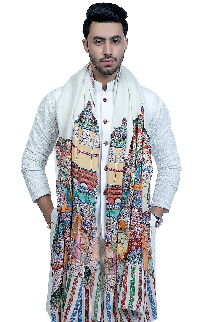 White Pashmina Wool Printed Shawl by Taroob Men at Pernia's Pop Up Shop