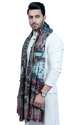 Black Kalamkari Printed Shawl by Taroob Men