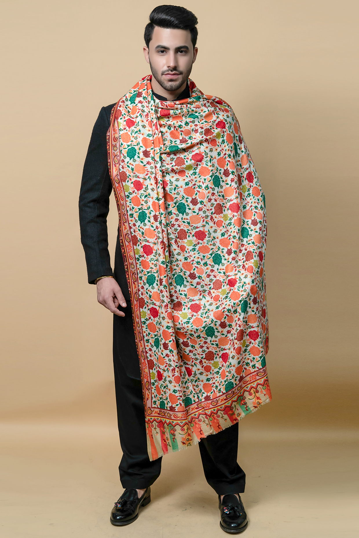 White Pashmina Kalamkari Printed Shawl by Taroob Men