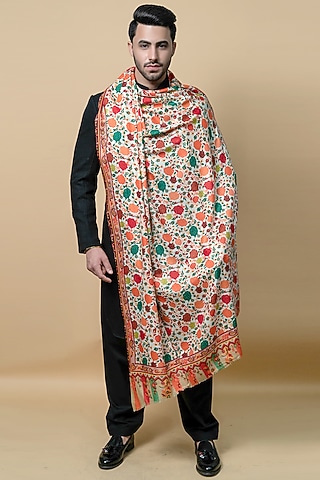 White Pashmina Kalamkari Printed Shawl by Taroob Men