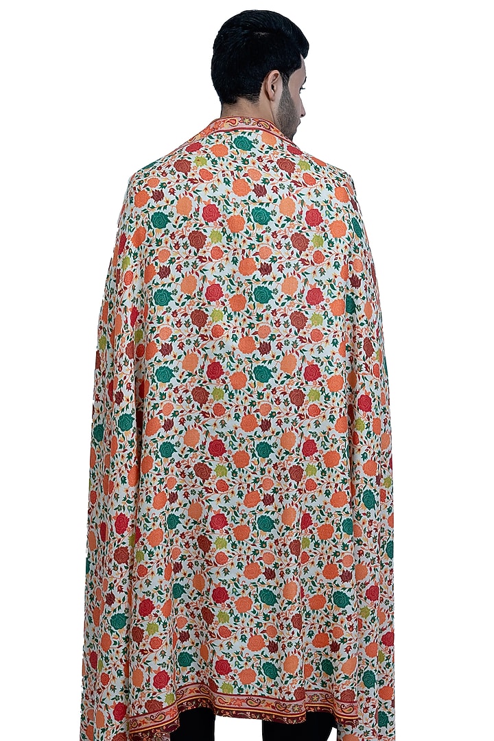 White Pashmina Kalamkari Printed Shawl by Taroob Men at Pernia's Pop Up Shop