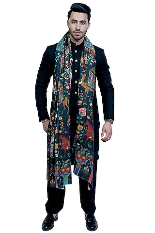 Black Pashmina Kalamkari Printed Shawl by Taroob Men