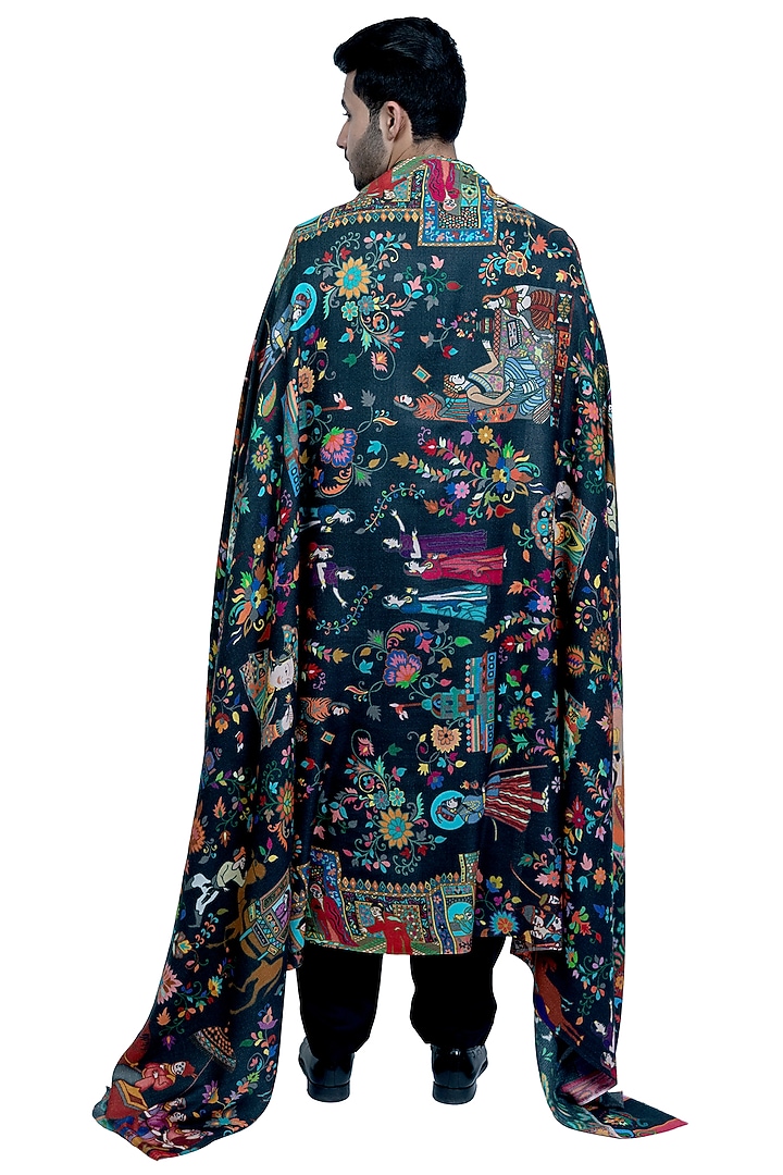 Black Pashmina Kalamkari Printed Shawl by Taroob Men at Pernia's Pop Up Shop
