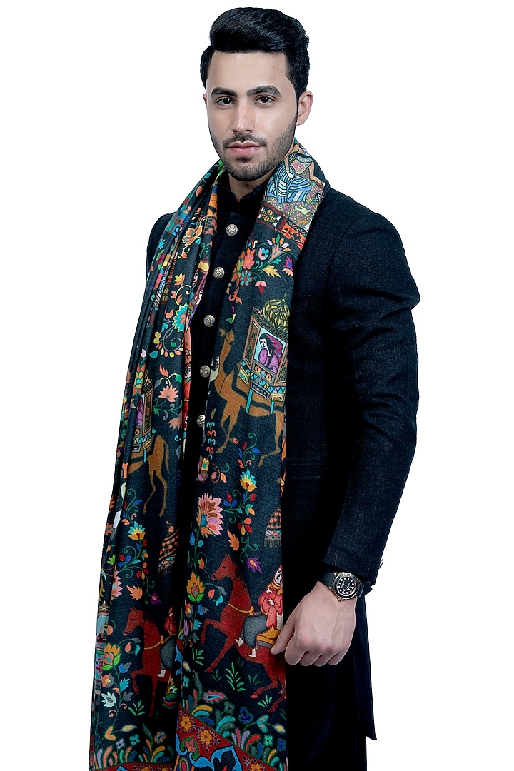 Black Pashmina Kalamkari Printed Shawl by Taroob Men at Pernia's Pop Up Shop