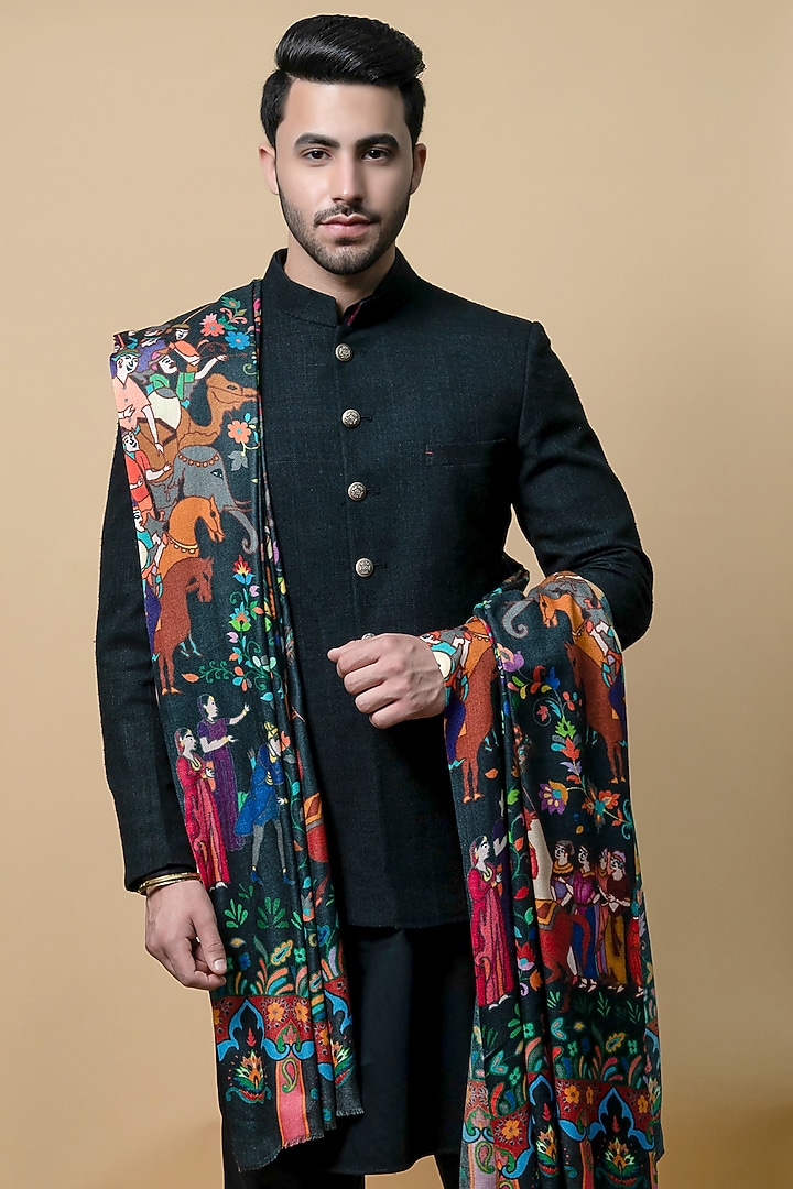 Black Pashmina Kalamkari Printed Shawl by Taroob Men at Pernia's Pop Up Shop