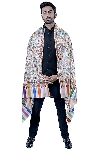White Kalamkari Embroidered Shawl by Taroob Men