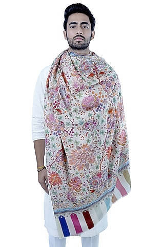 White Wool Kalamkari Embroidered Shawl by Taroob Men