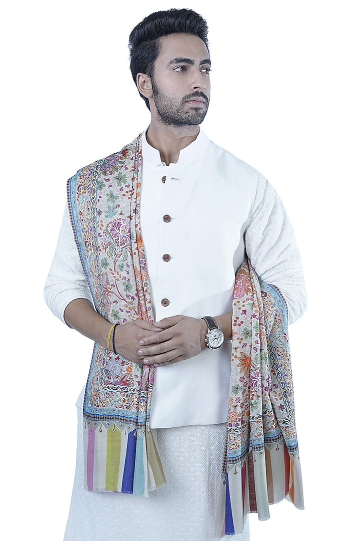 White Wool Kalamkari Embroidered Shawl by Taroob Men at Pernia's Pop Up Shop