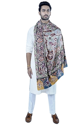 Black Kalamkari Embroidered Shawl by Taroob Men
