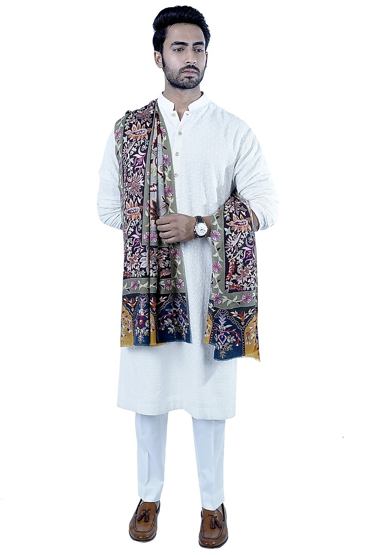 Black Kalamkari Embroidered Shawl by Taroob Men at Pernia's Pop Up Shop