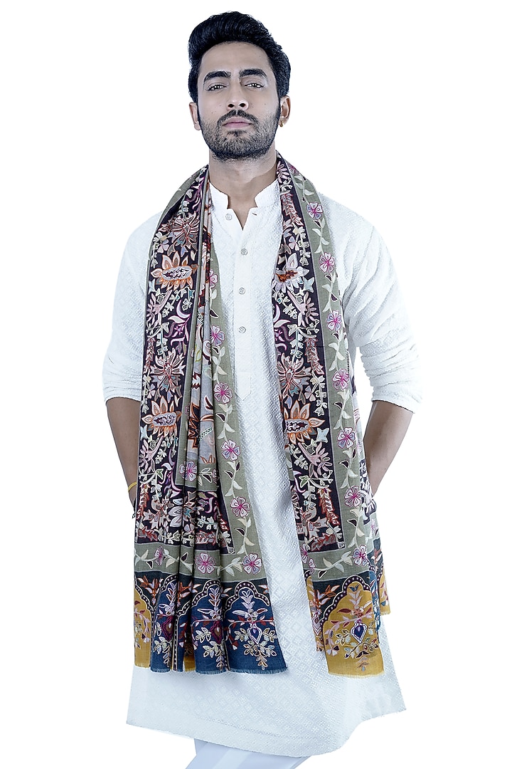 Black Kalamkari Embroidered Shawl by Taroob Men at Pernia's Pop Up Shop