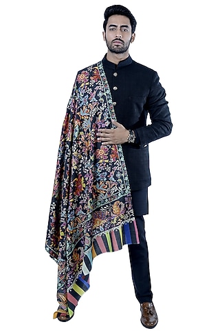 Black Wool Kalamkari Embroidered Shawl by Taroob Men