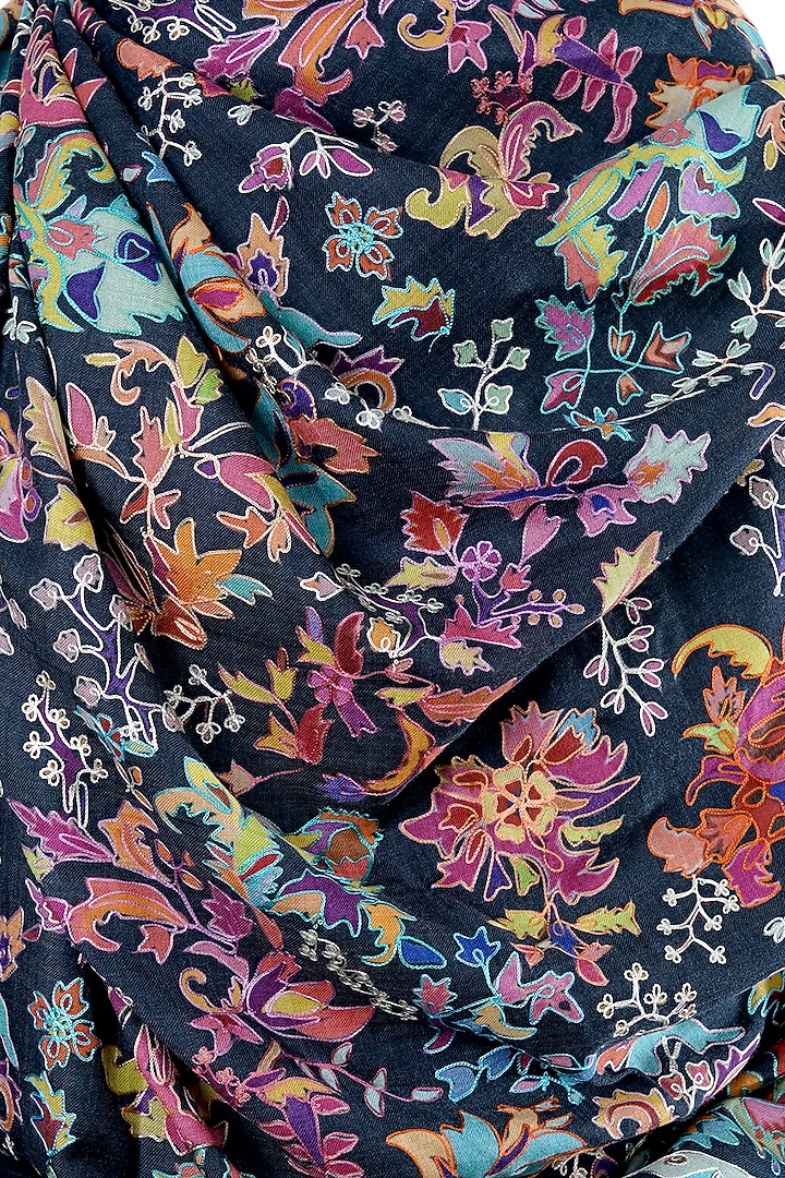 Black Wool Kalamkari Embroidered Shawl by Taroob Men at Pernia's Pop Up Shop