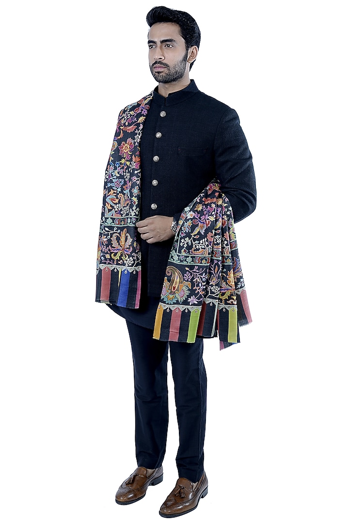 Black Wool Kalamkari Embroidered Shawl by Taroob Men at Pernia's Pop Up Shop