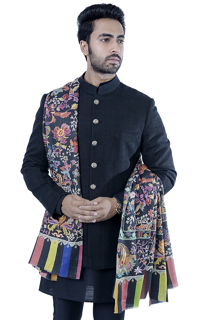 Black Wool Kalamkari Embroidered Shawl by Taroob Men at Pernia's Pop Up Shop