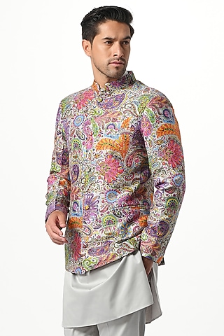 Multi-Colored Silk Embroidered Bandhgala by Taroob Men