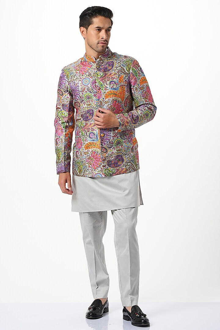 Multi-Colored Silk Embroidered Bandhgala by Taroob Men at Pernia's Pop Up Shop