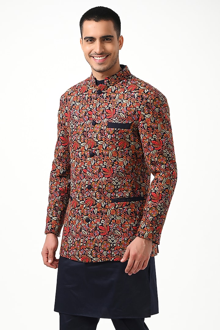 Multi-Colored Floral Embroidered Wedding Bandhgala by Taroob Men at Pernia's Pop Up Shop