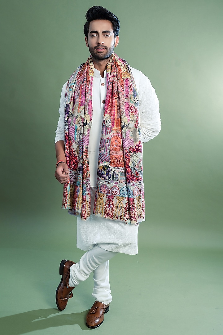 Multi-Coloured Wool Embroidered Shawl by Taroob Men
