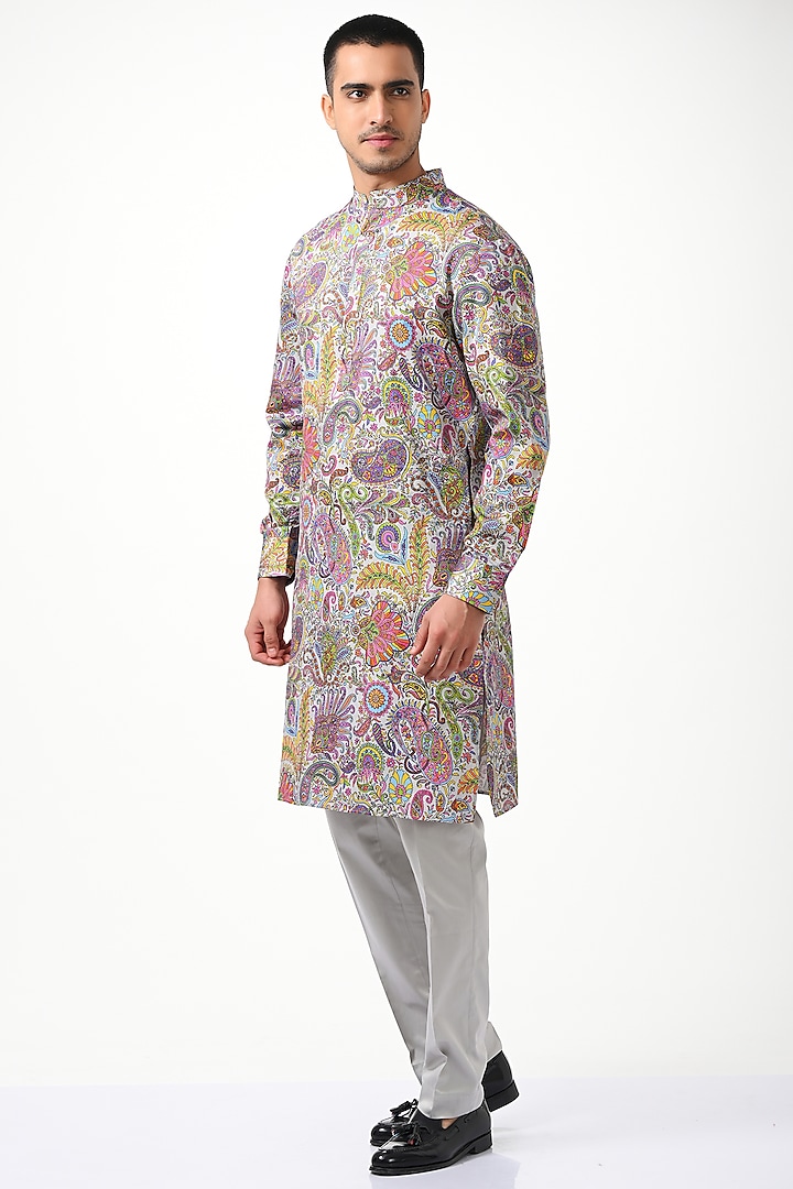 Grey Silk & Cotton Printed Kurta Set by Taroob Men