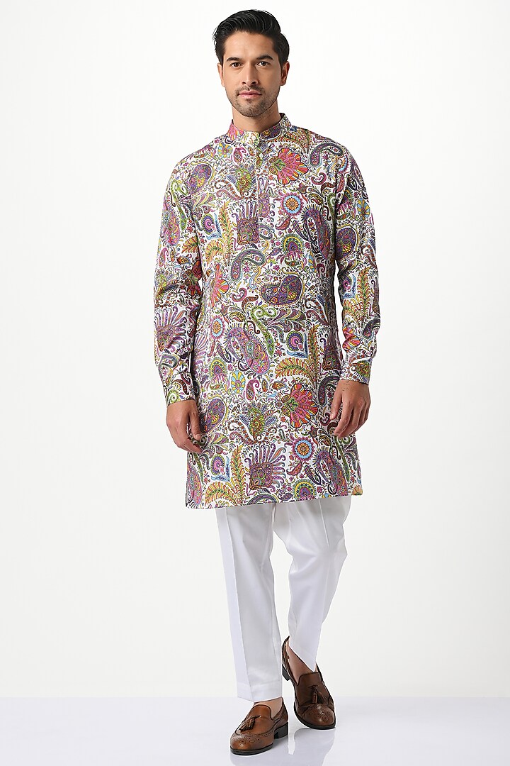 White Silk & Cotton Printed Kurta Set by Taroob Men