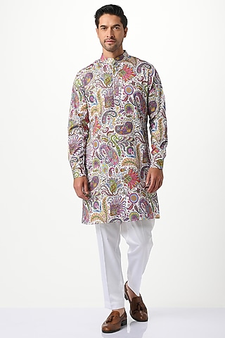 White Silk & Cotton Printed Kurta Set by Taroob Men