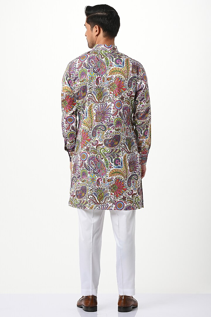 White Silk & Cotton Printed Kurta Set by Taroob Men at Pernia's Pop Up Shop