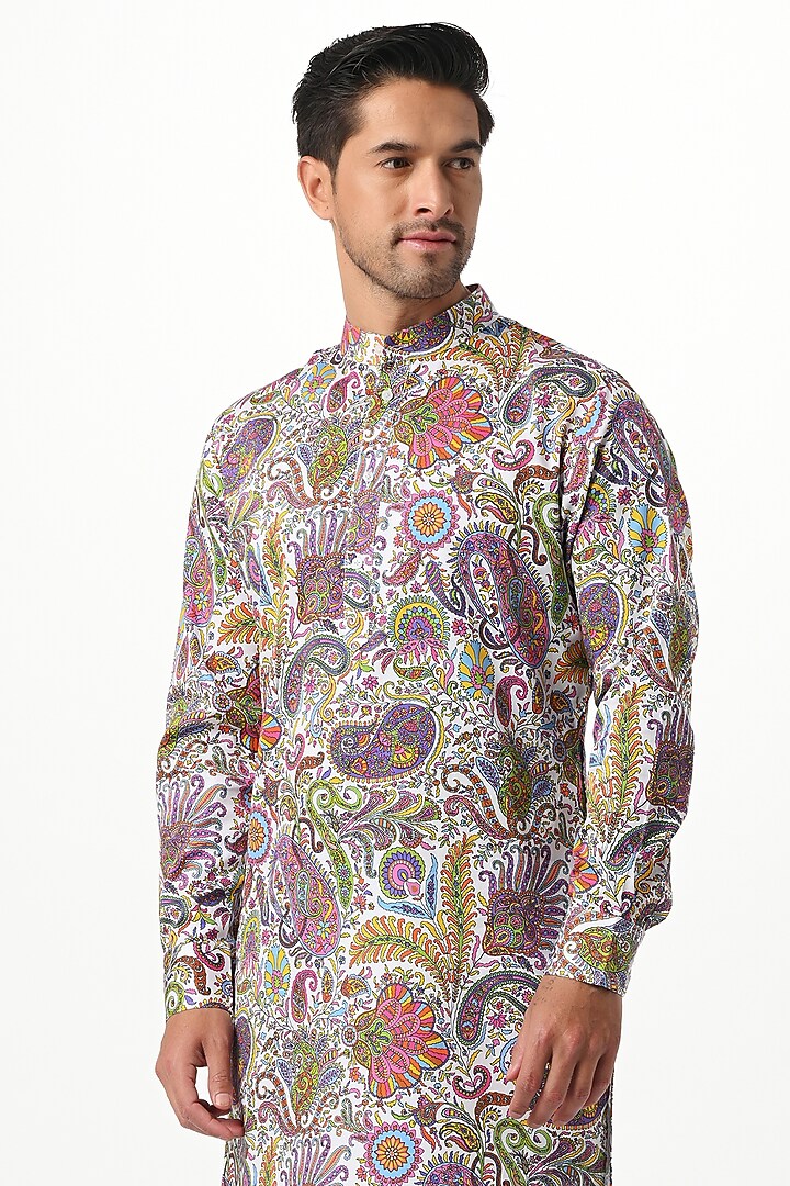 White Silk & Cotton Printed Kurta Set by Taroob Men at Pernia's Pop Up Shop