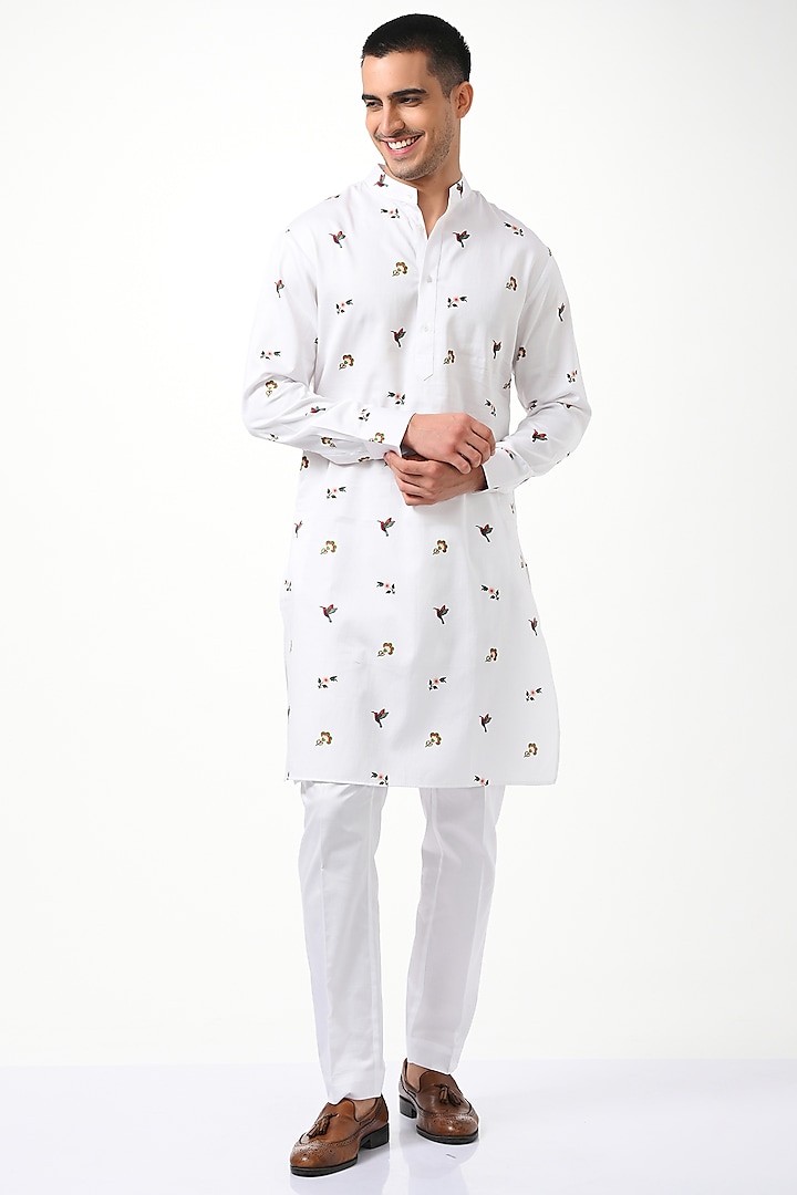 White Silk & Cotton Printed Kurta Set by Taroob Men