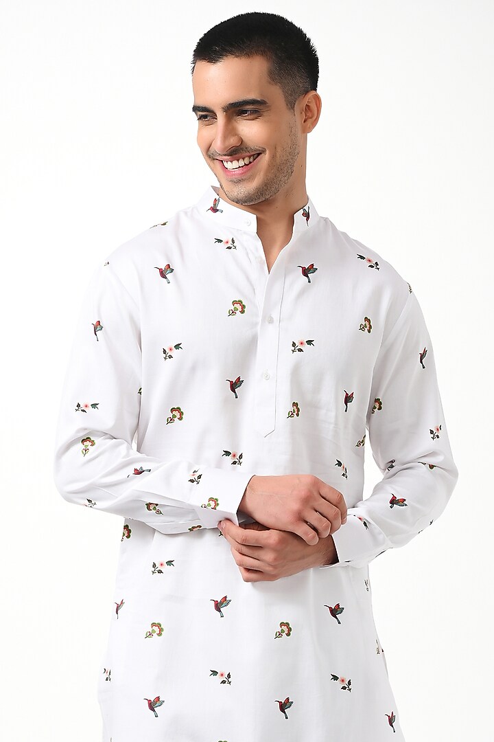 White Silk & Cotton Printed Kurta Set by Taroob Men at Pernia's Pop Up Shop