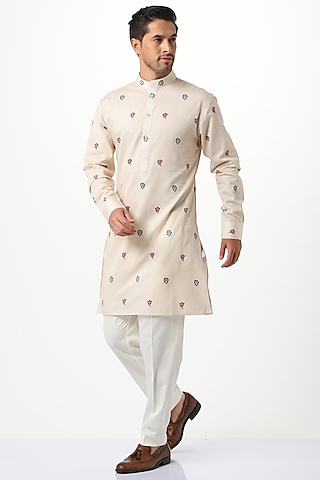 Muted Pink Silk & Cotton Chikankari Kurta Set by Taroob Men