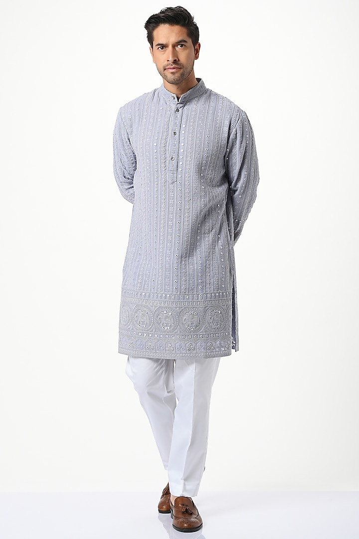 Blue Silk & Cotton Chikankari Kurta Set by Taroob Men at Pernia's Pop Up Shop