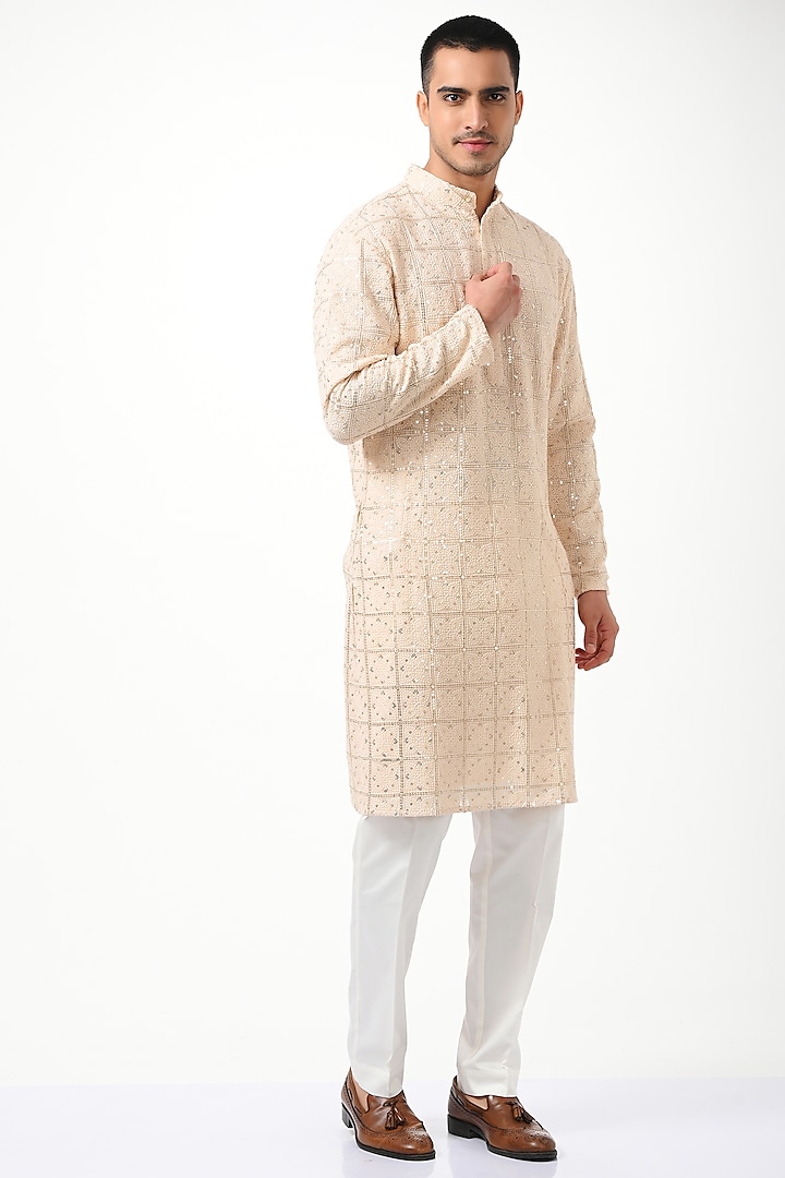 Muted Pink Silk & Cotton Chikankari Kurta Set by Taroob Men