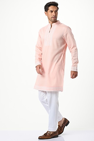 Pink Pure Silk Embroidered Kurta Set by Taroob Men