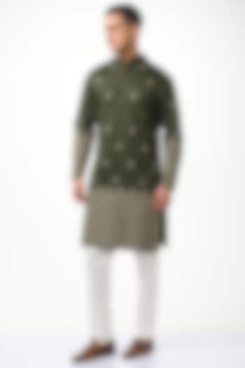 Olive Green Pure Silk Embroidered Kurta Set by Taroob Men