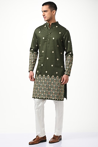 Olive Green Pure Silk Embroidered Kurta Set by Taroob Men