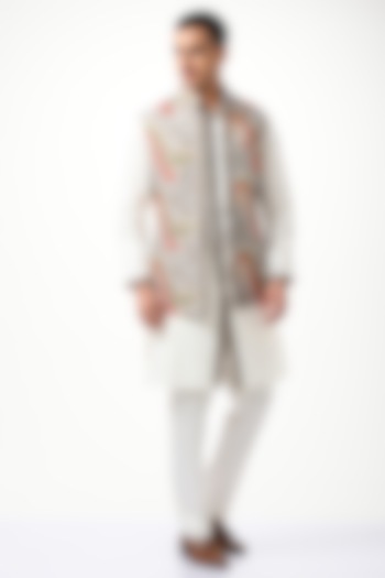 White Silk & Wool Embroidered Open Bundi Jacket Set by Taroob Men