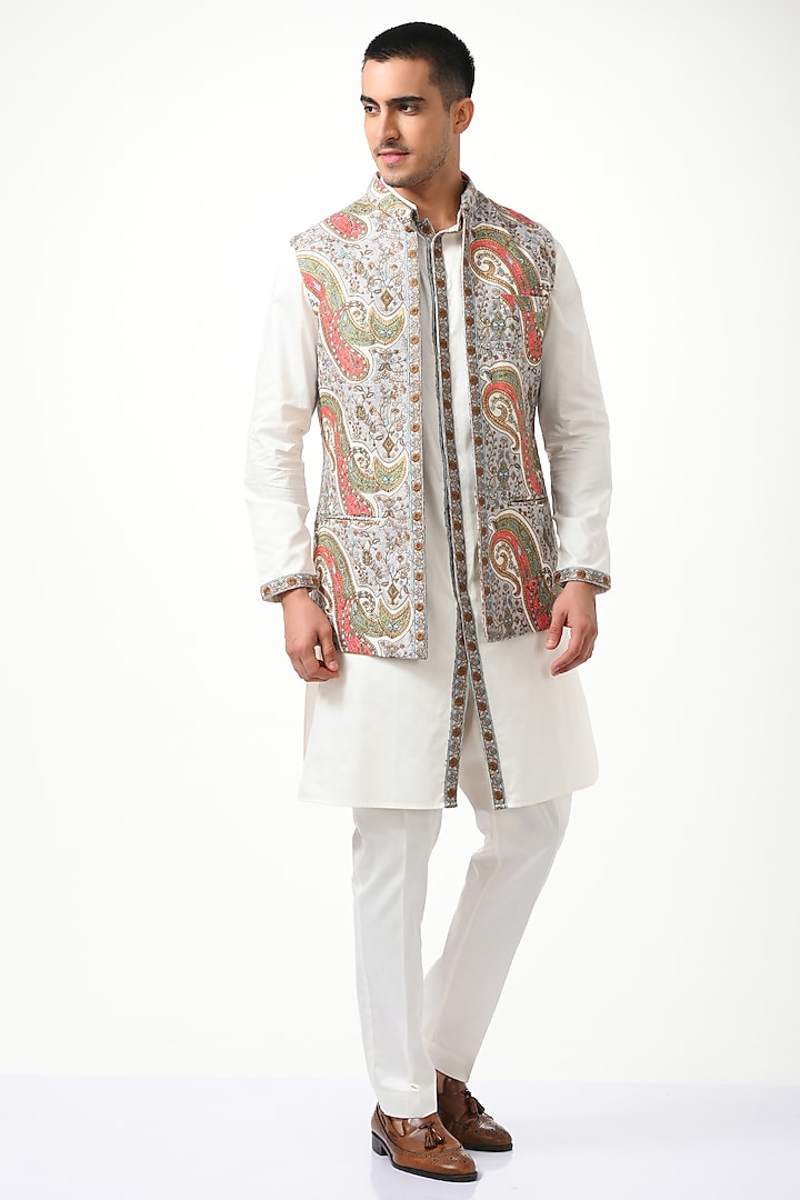 White Silk & Wool Embroidered Open Bundi Jacket Set by Taroob Men