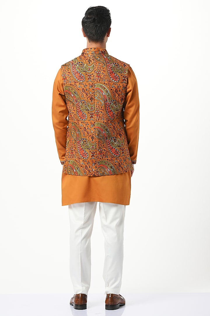 Mustard Silk & Wool Embroidered Open Bundi Jacket Set by Taroob Men at Pernia's Pop Up Shop